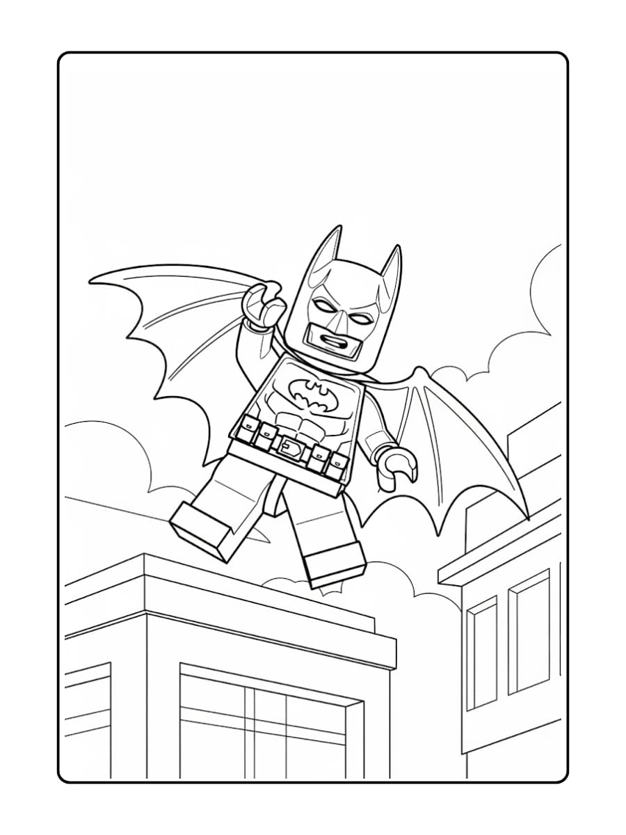 LEGO Batman springt van een gebouw met zijn cape wijd open als een vleermuis