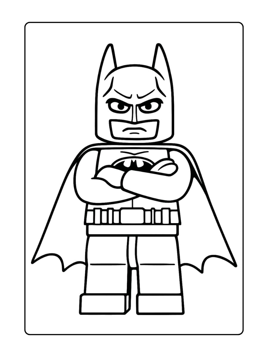 LEGO Batman staat met gekruiste armen en een serieuze blik