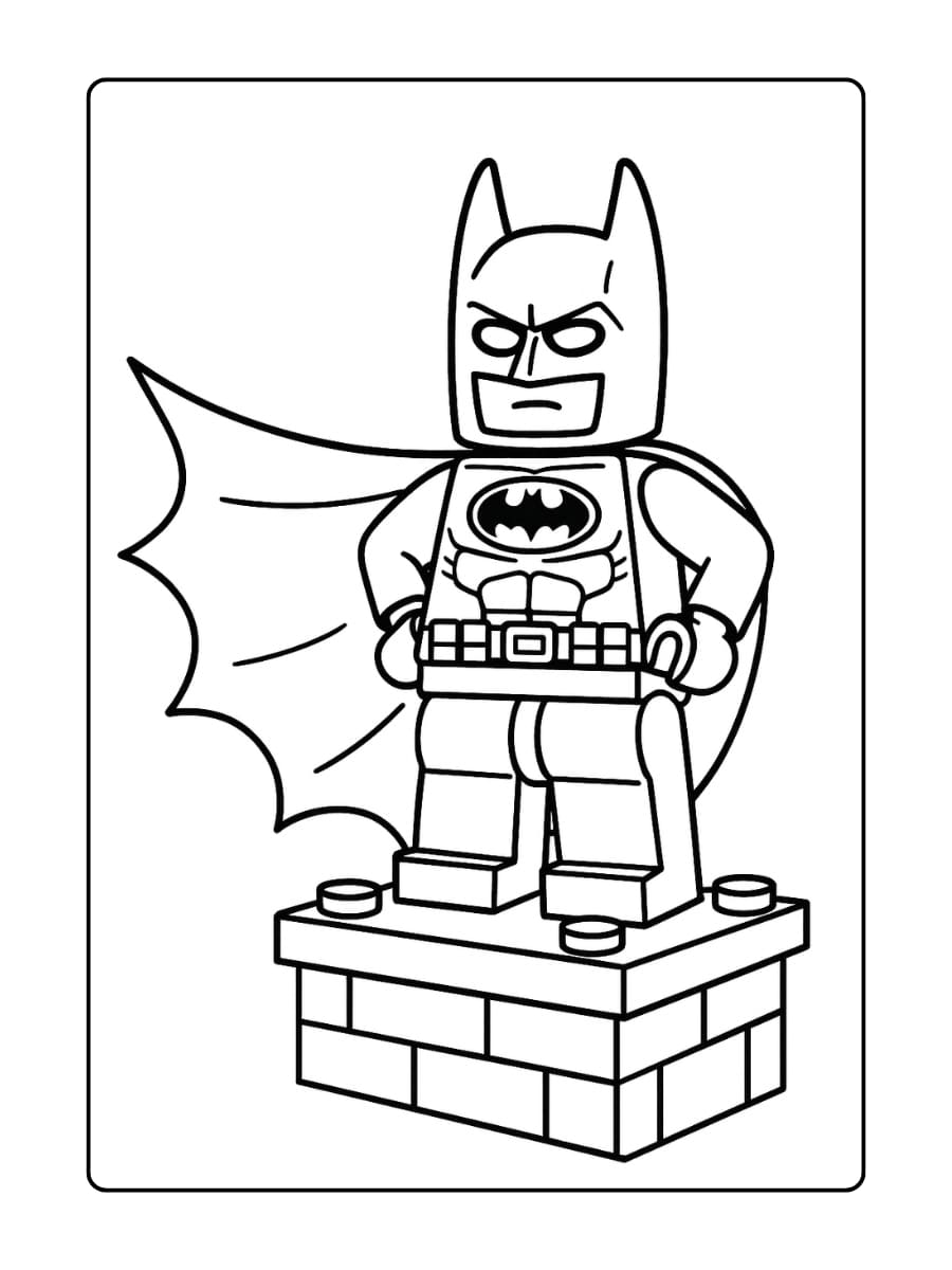 LEGO Batman staat op een dak met zijn cape die wappert in de wind
