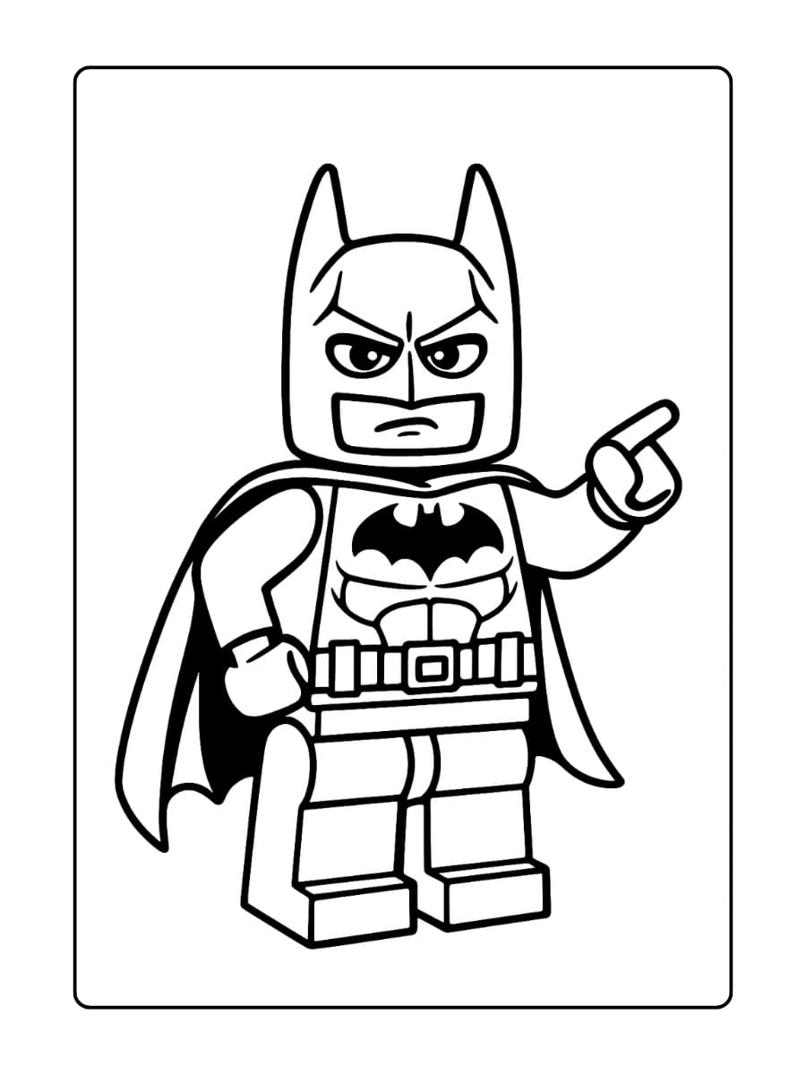 LEGO Batman wijst met zijn vinger alsof hij een plan heeft
