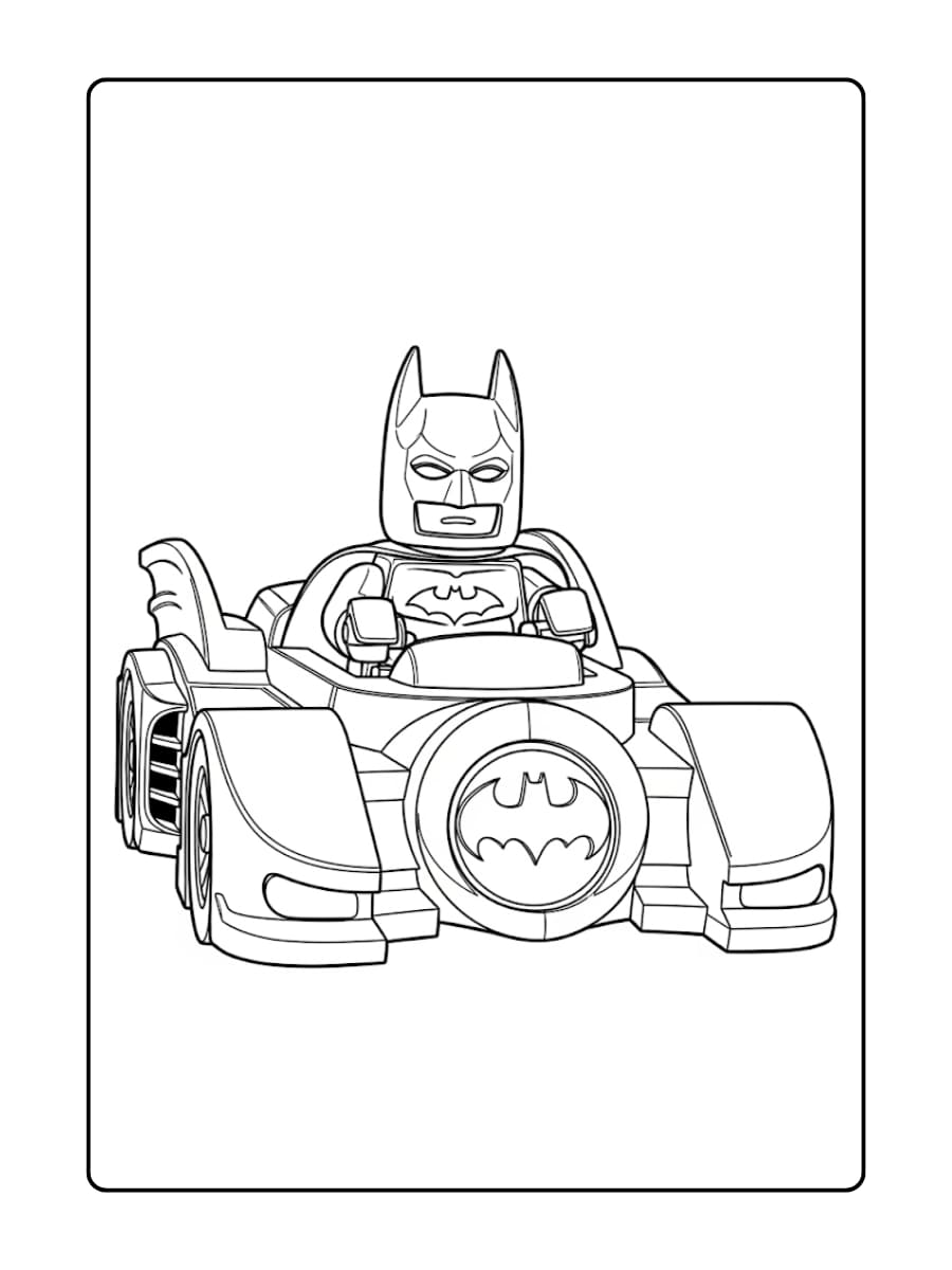 LEGO Batman zit in de Batmobile en kijkt stoer naar voren