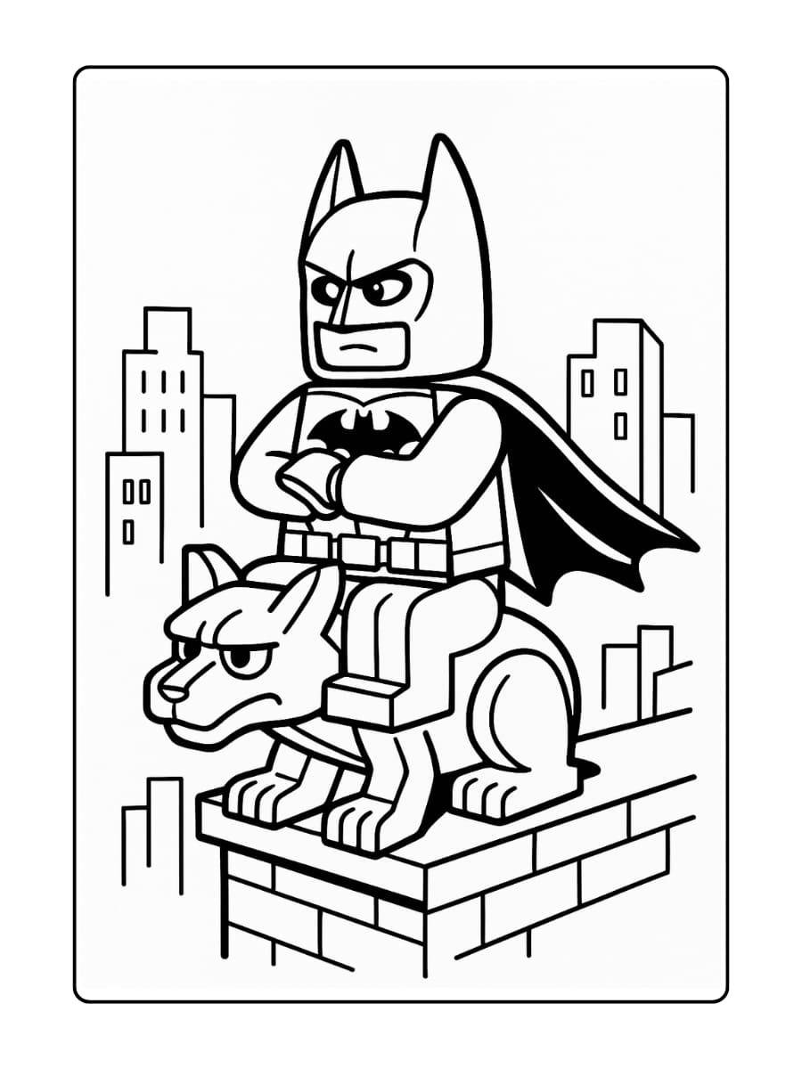 LEGO Batman zit op een LEGO-gargouille en kijkt naar de stad
