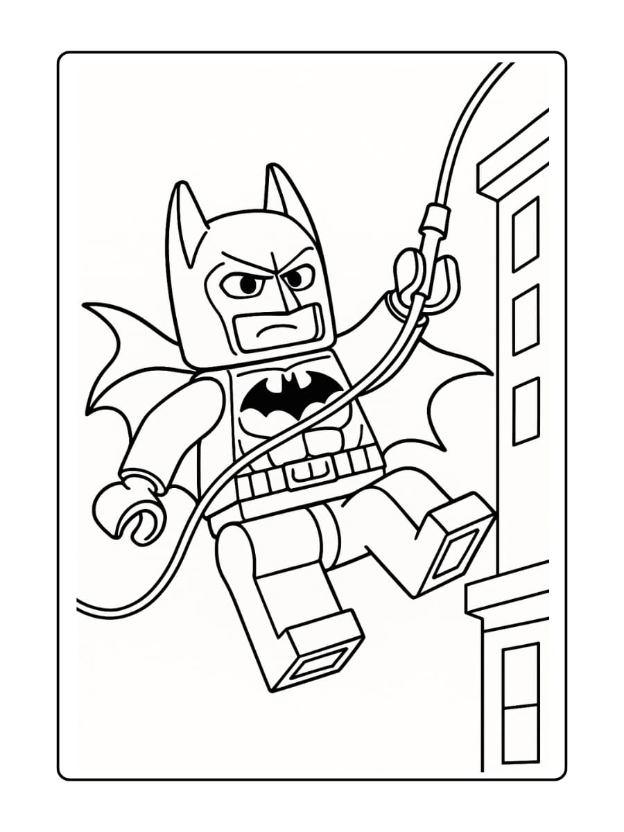 LEGO Batman zwaait met een grappling hook naar een gebouw