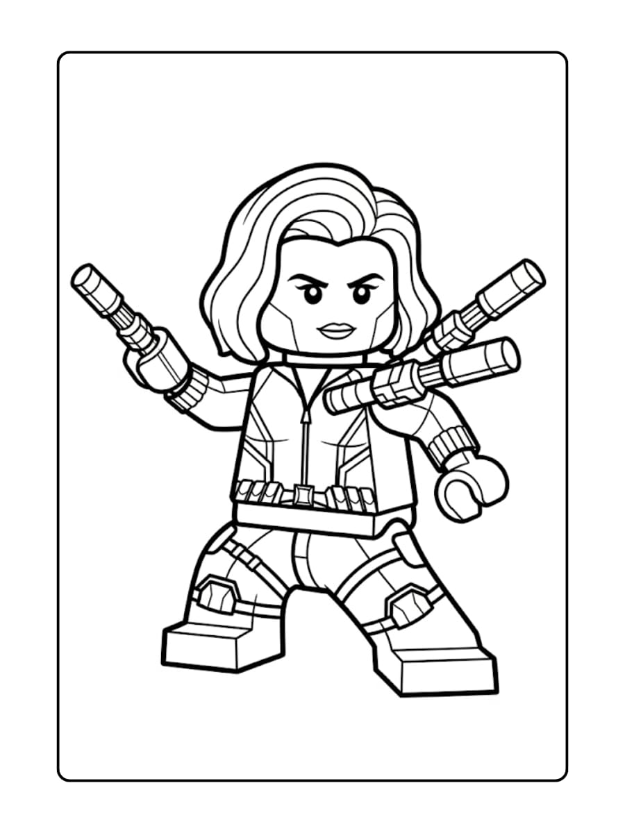 LEGO Black Widow staat in een vechthouding met haar wapenstokken getrokken