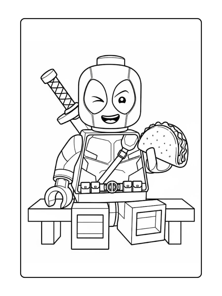 LEGO Deadpool zit op een bankje met een taco in zijn hand en een zwaard op zijn rug