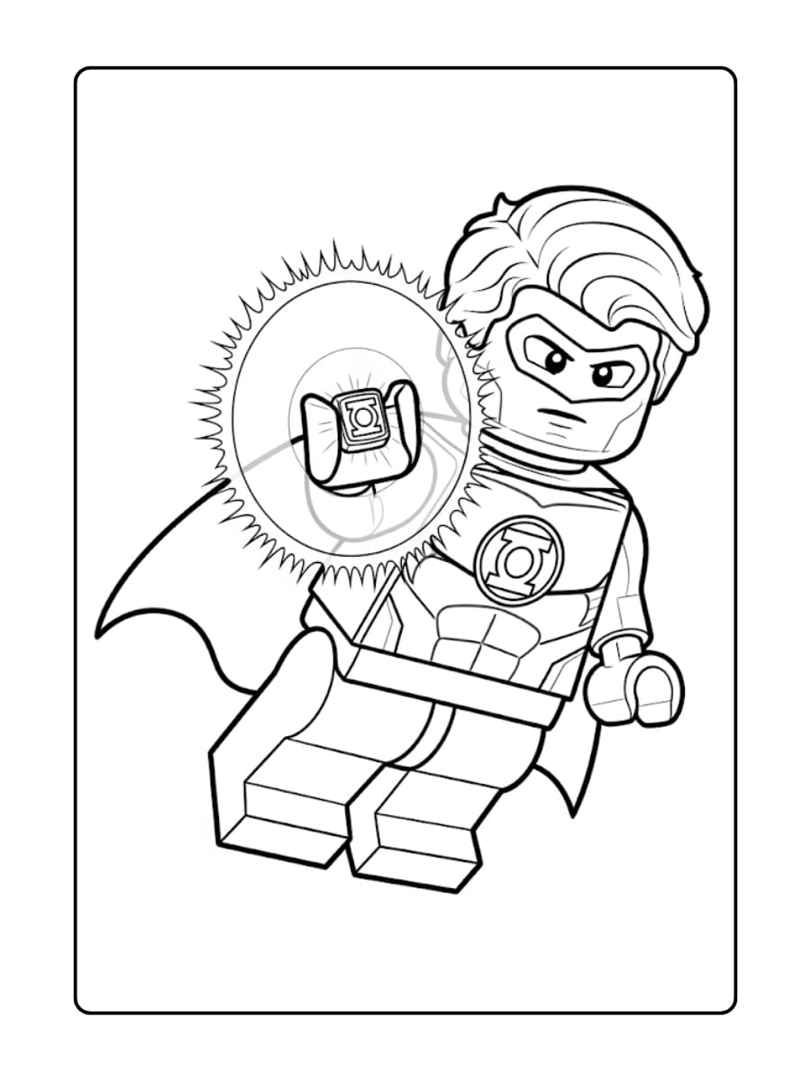 LEGO Green Lantern zweeft in de lucht met een heldere energiecirkel om zijn hand