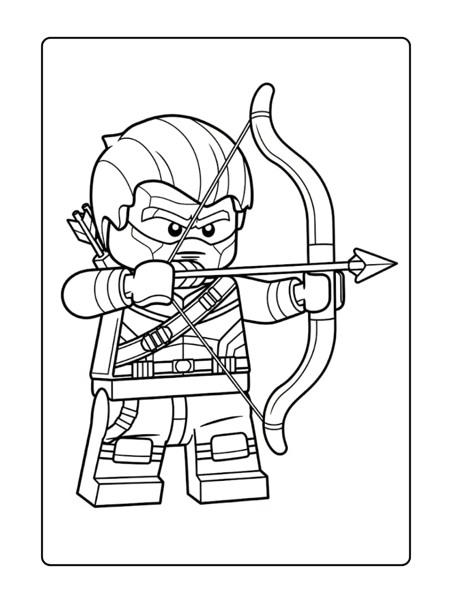 LEGO Hawkeye richt zijn boog met een pijl naar achteren getrokken