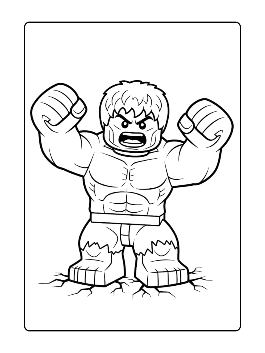 LEGO Hulk brult met geheven vuisten en de grond onder zijn voeten is gebarsten