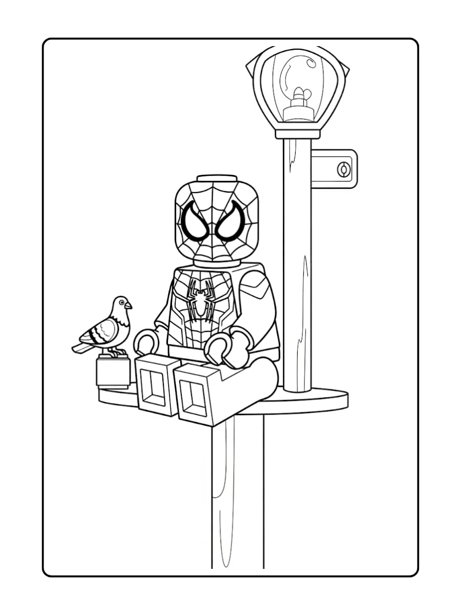 LEGO Scarlet Spider zit bovenop een lantaarnpaal