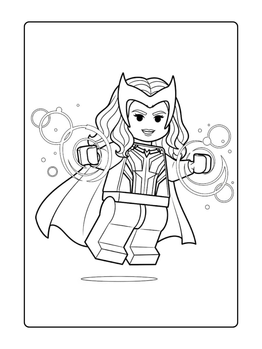LEGO Scarlet Witch zweeft licht boven de grond, met magische energie tussen haar handen