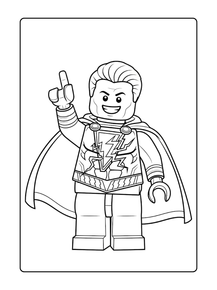 LEGO Shazam wijst met één vinger naar de lucht terwijl bliksem zijn borst raakt