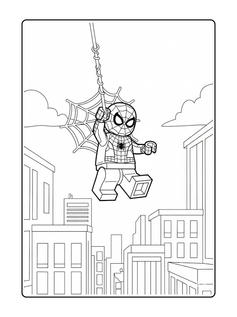 LEGO Spider-Man (Avengers-versie) slingert aan een web tussen gebouwen