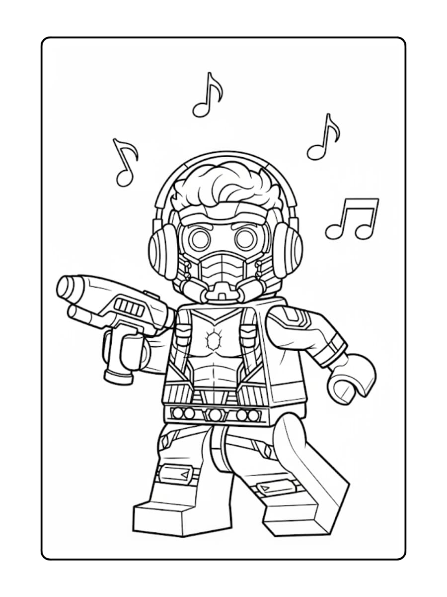 LEGO Star-Lord danst met een koptelefoon op en een LEGO-blaster in zijn hand