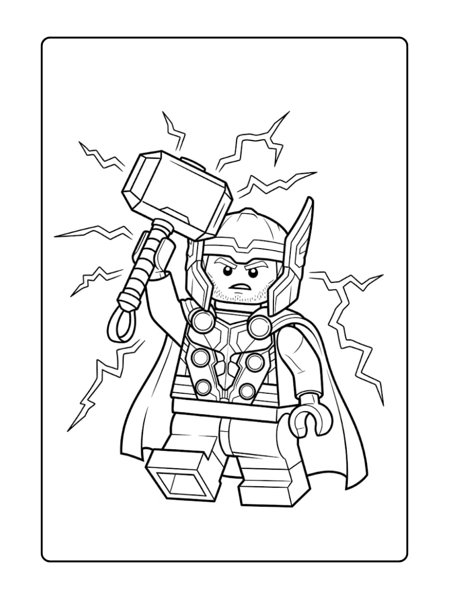LEGO Thor houdt Mjolnir hoog met bliksemschichten om hem heen