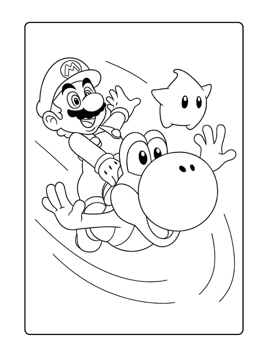 Leuke Yoshi Kleurplaat met Mario die vrolijk op Yoshi rijdt terwijl ze door de ruimte vliegen met een sterretje erbij