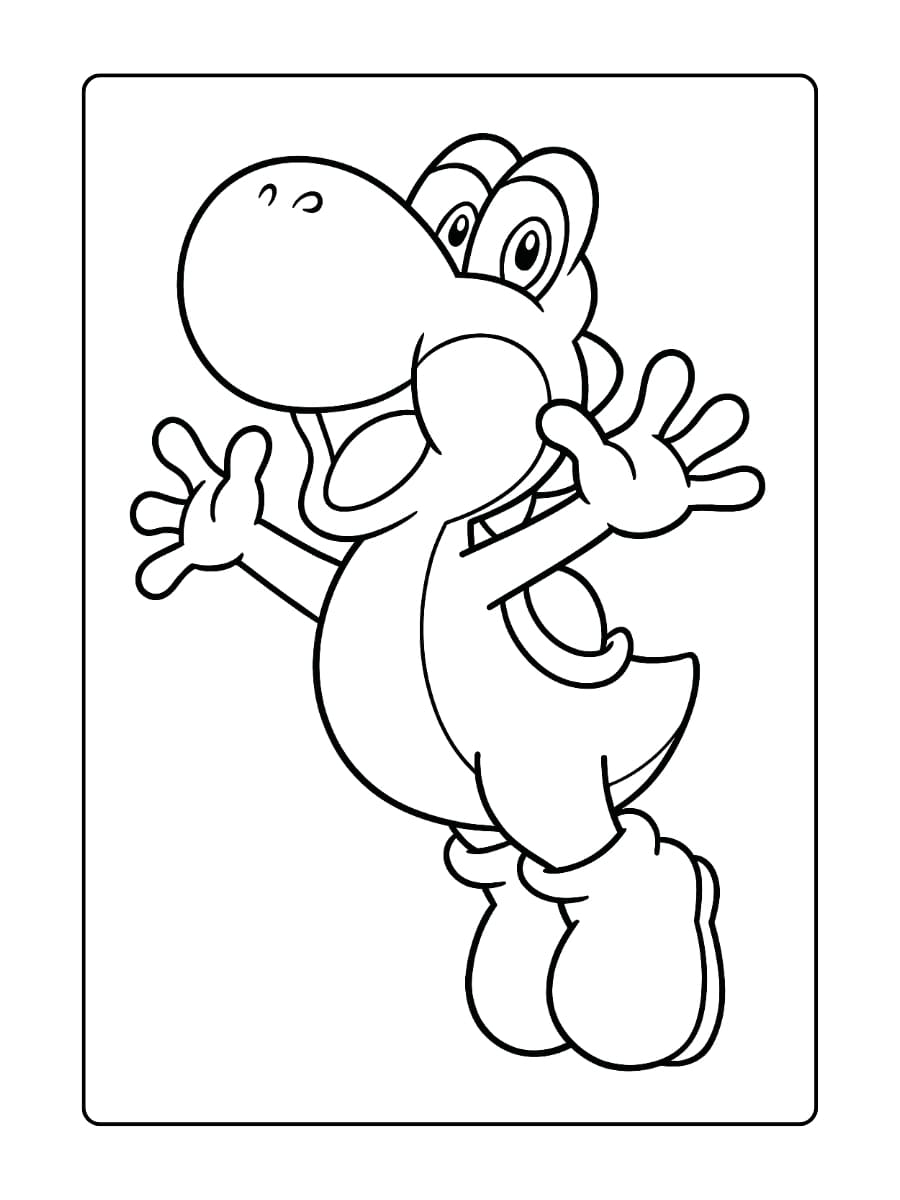 Leuke Yoshi Kleurplaat waarin Yoshi met open armen en een grote glimlach vrolijk in de lucht springt