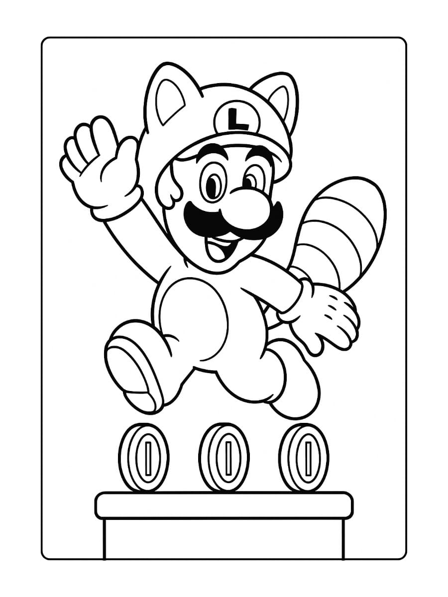 Luigi Kleurplaat met Tanooki-pak