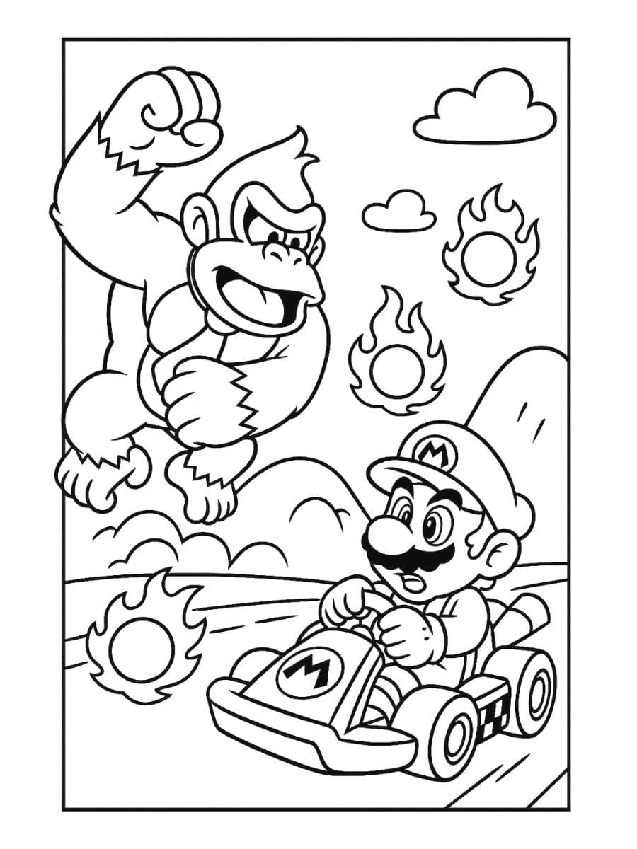Mario Kart kleurplaat met Donkey Kong & vuurballen