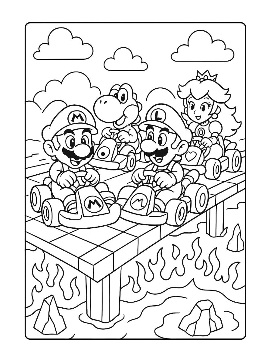 Mario Kart kleurplaat – Teamrace met Mario, Luigi, Yoshi en Peach