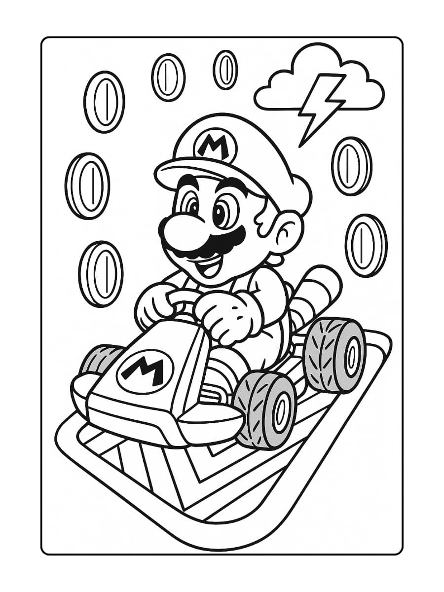 Mario kart kleurplaat met coins & boosts