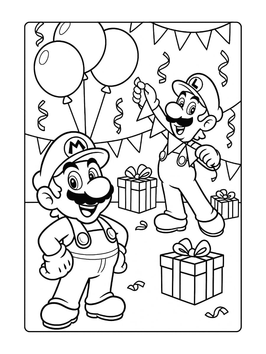 Mario kleurplaat verjaardag – Feest met ballonnen en slingers