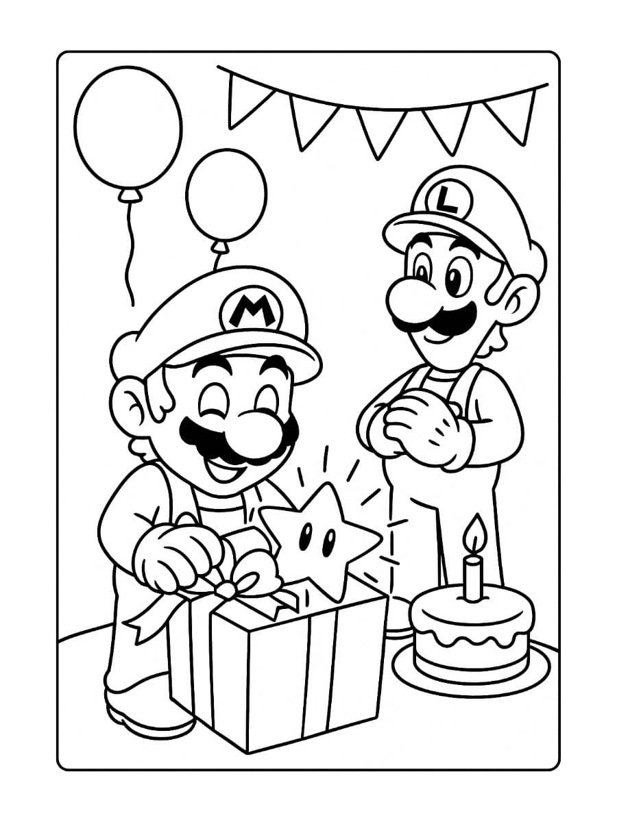 Mario kleurplaat verjaardag – Mario opent een cadeau van Luigi