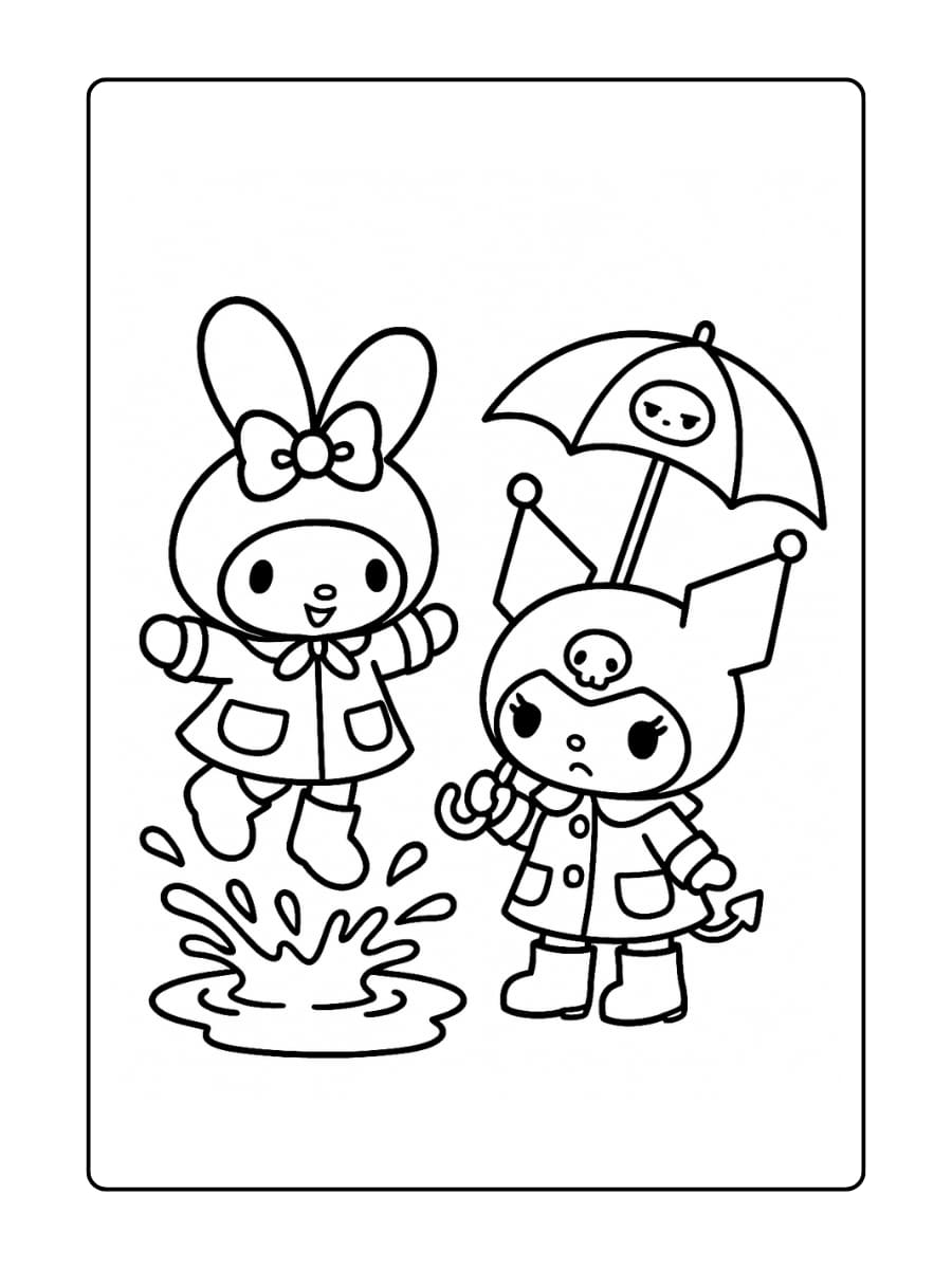 Mijn Melodie springt in een plas, terwijl Kuromi met een klein gemopper een paraplu vasthoudt