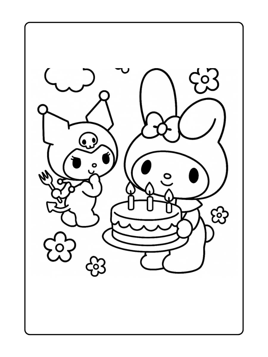 Mijn Melody houdt een taart met kaarsjes vast, en Kuromi staat op het punt om stiekem een ​​hapje te nemen met een vork achter haar rug