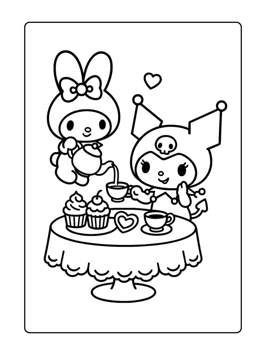 Mijn Melody schenkt thee en Kuromi doet alsof ze er chique uitziet, met cupcakes, hartjeskoekjes en een kanten tafelkleed