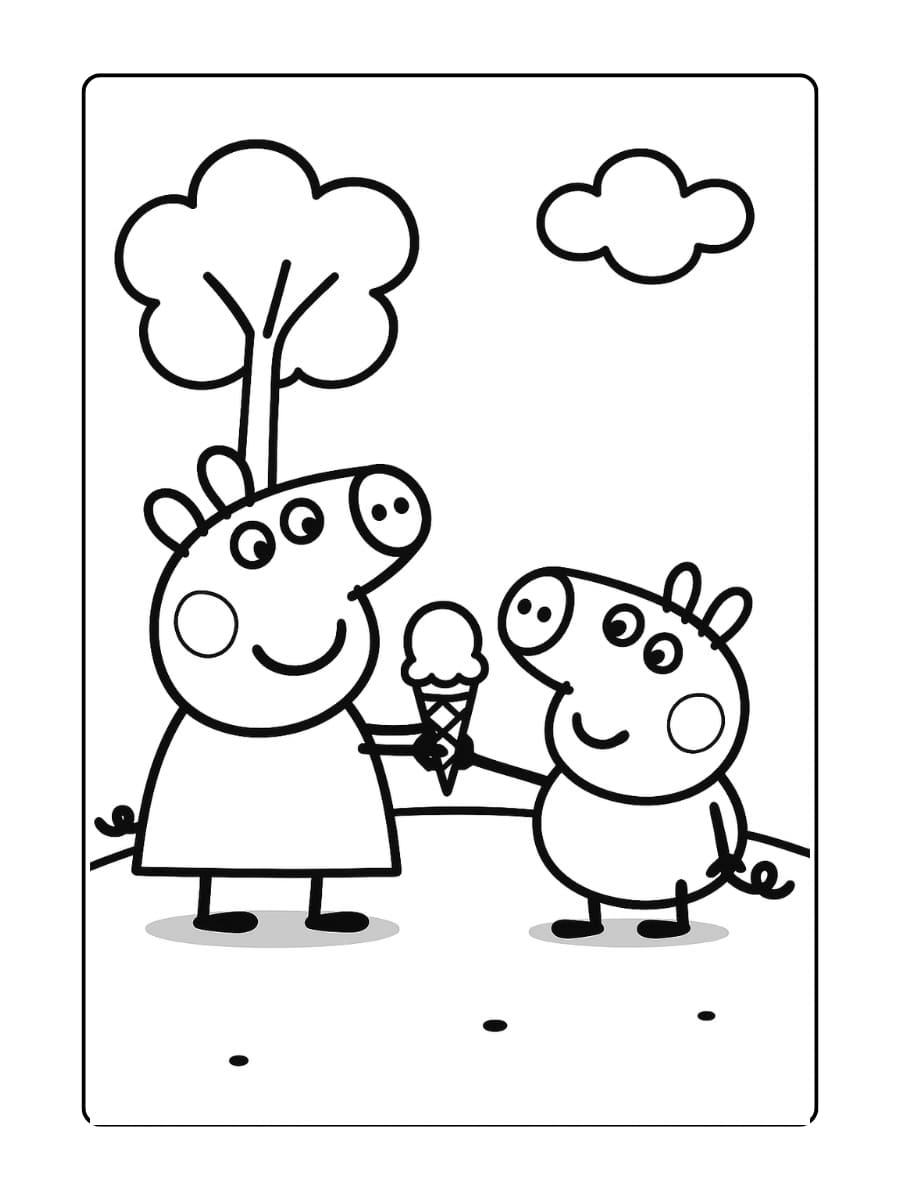 Peppa Pig deelt een hoorntje ijs met George in het park