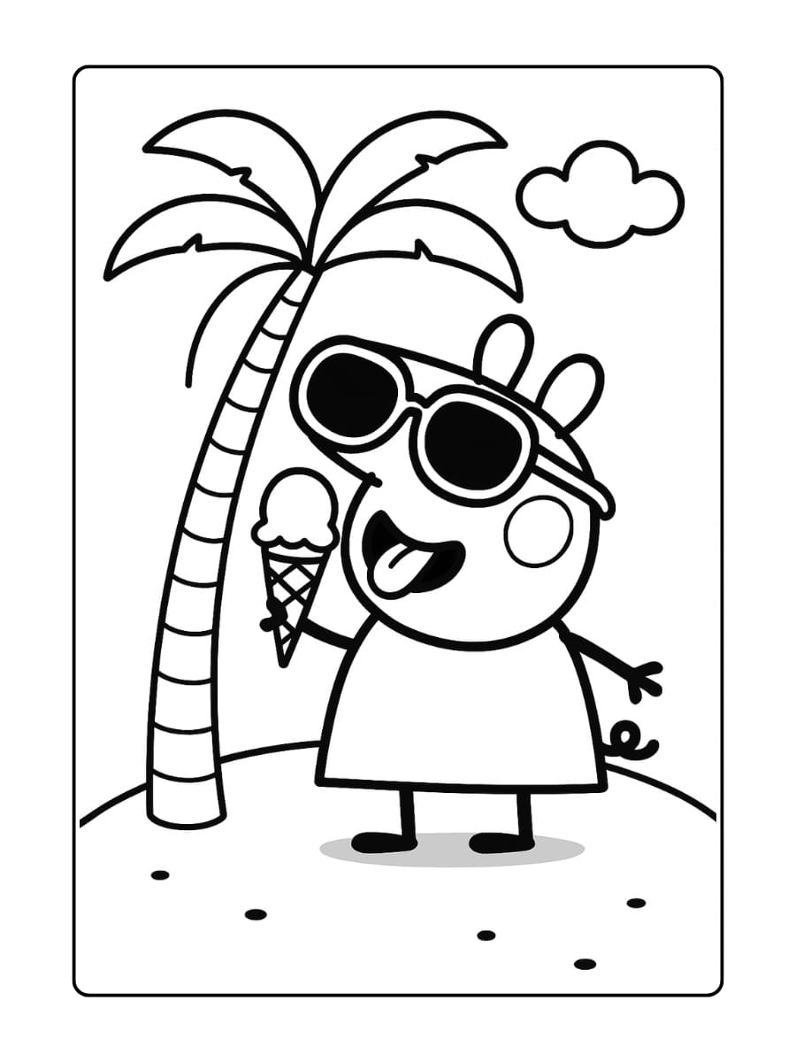 Peppa Pig draagt een zonnebril en eet een ijsje onder een palmboom