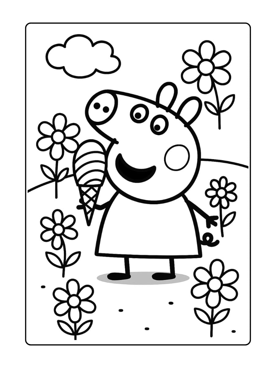 Peppa Pig eet een regenboogijsje in de tuin vol bloemen