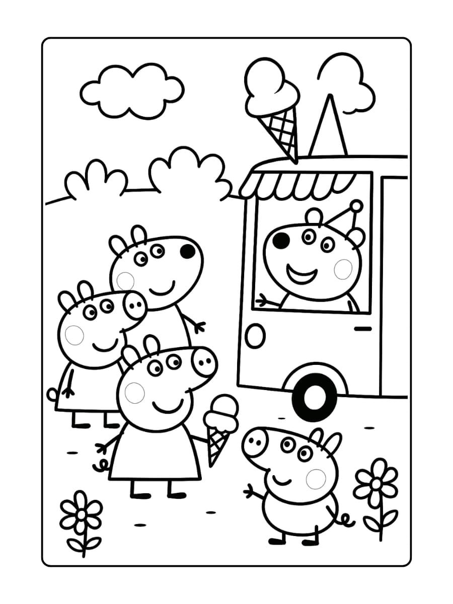 Peppa Pig en haar vriendjes staan in de rij voor de ijskar