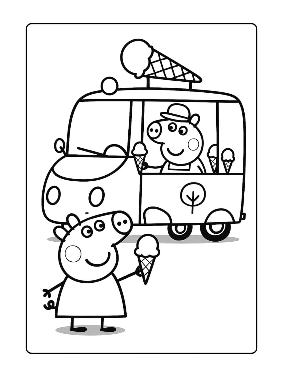 Peppa Pig koopt een ijsje bij een kleurrijke ijska