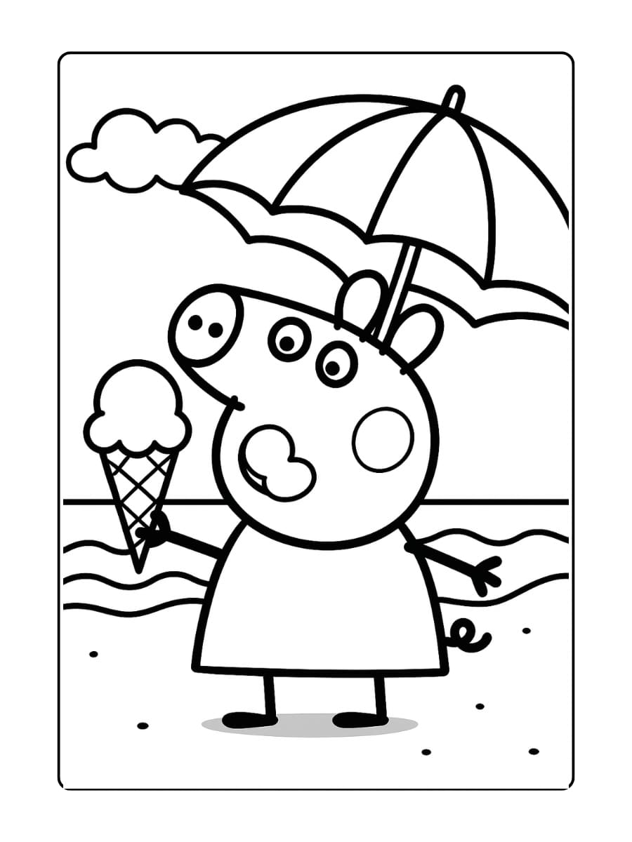 Peppa Pig likt een groot bolletje ijs onder een parasol op het strand