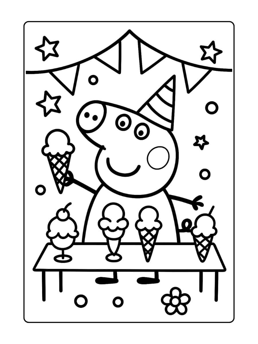 Peppa Pig viert een feestje met verschillende smaken ijs op tafel