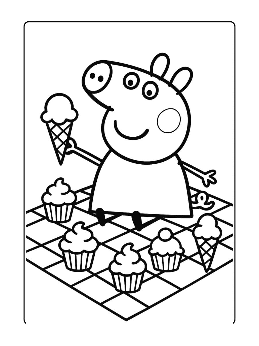 Peppa Pig zit in een picknickkleed met cupcakes en ijsjes om zich heen