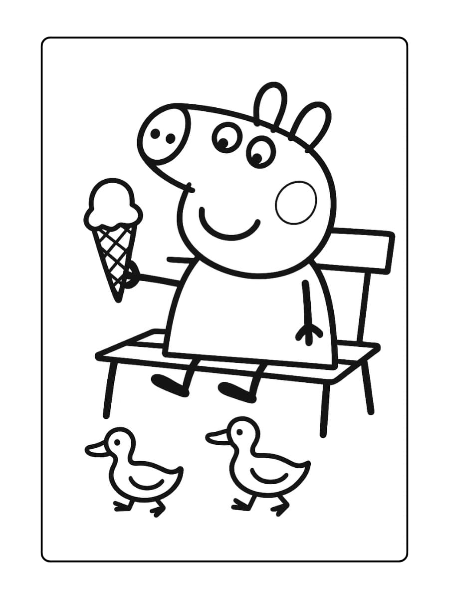 Peppa Pig zit op een bankje met een ijsje terwijl eenden voorbij wandelen