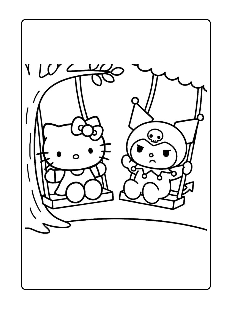 Samen schommelen Hello Kitty en Kuromi schommelen zij aan zij aan boomtakken
