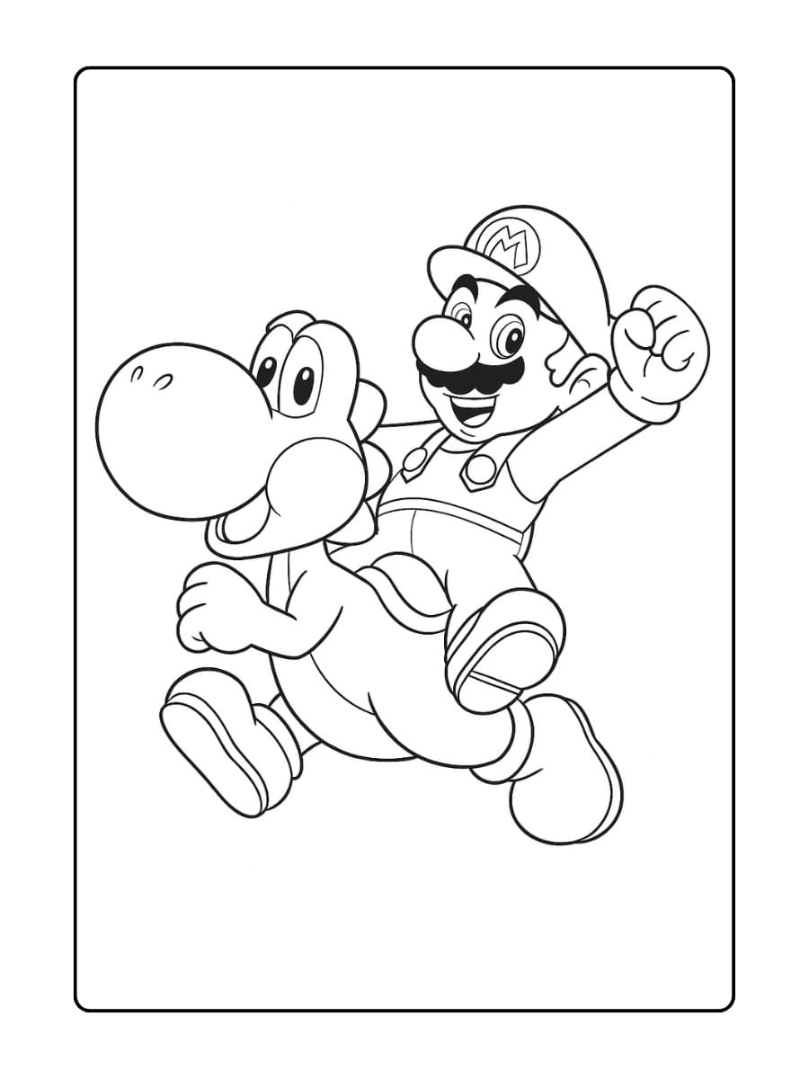 Stoere Yoshi Kleurplaat waarop Mario vrolijk op Yoshi rijdt terwijl hij zijn vuist in de lucht steekt