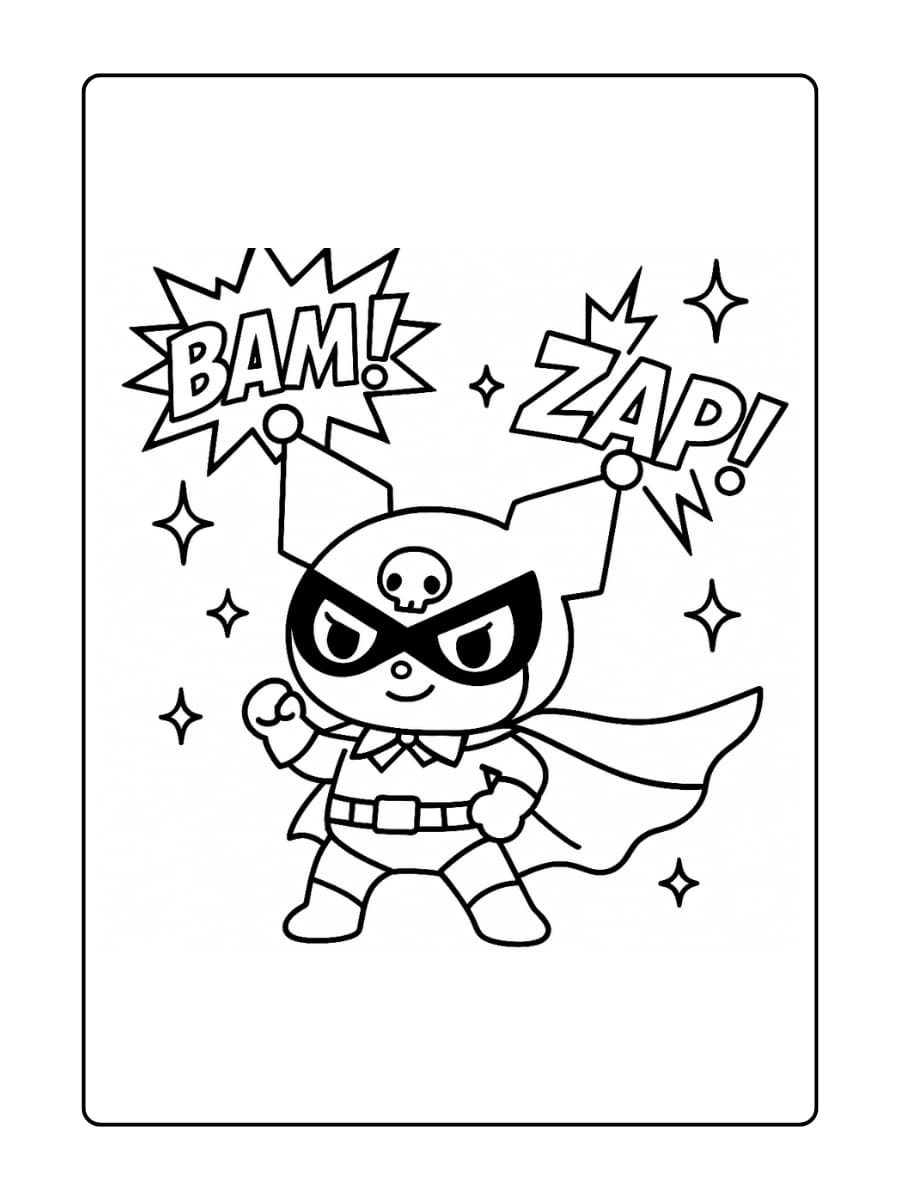 Superheldin Kuromi In een cape en masker neemt ze een pose aan met komische "BAM!" en "ZAP!"-effecten achter zich.
