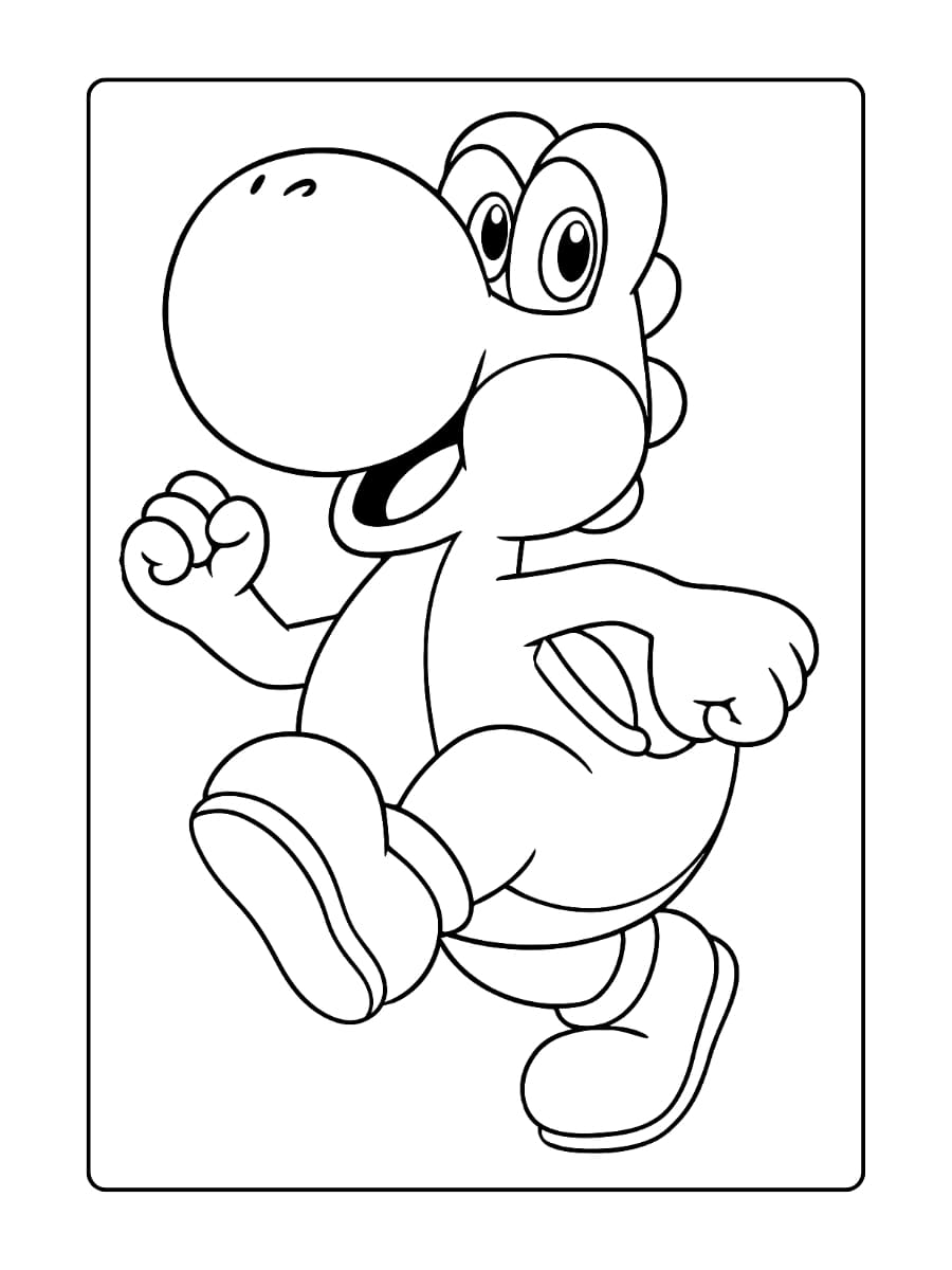 Vrolijke Yoshi Kleurplaat van de bekende Mario-figuur, springend in de lucht met opgeheven vuist en brede glimlach