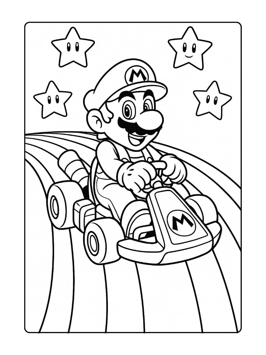 kleurplaat Mario scheurt door de Rainbow Road in zijn kart
