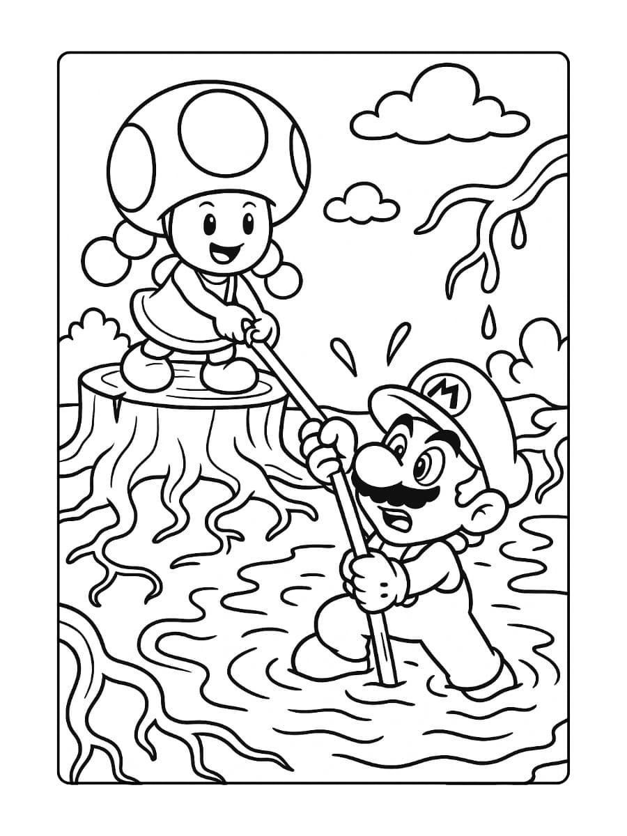 kleurplaat Toadette redt Mario uit het moeras