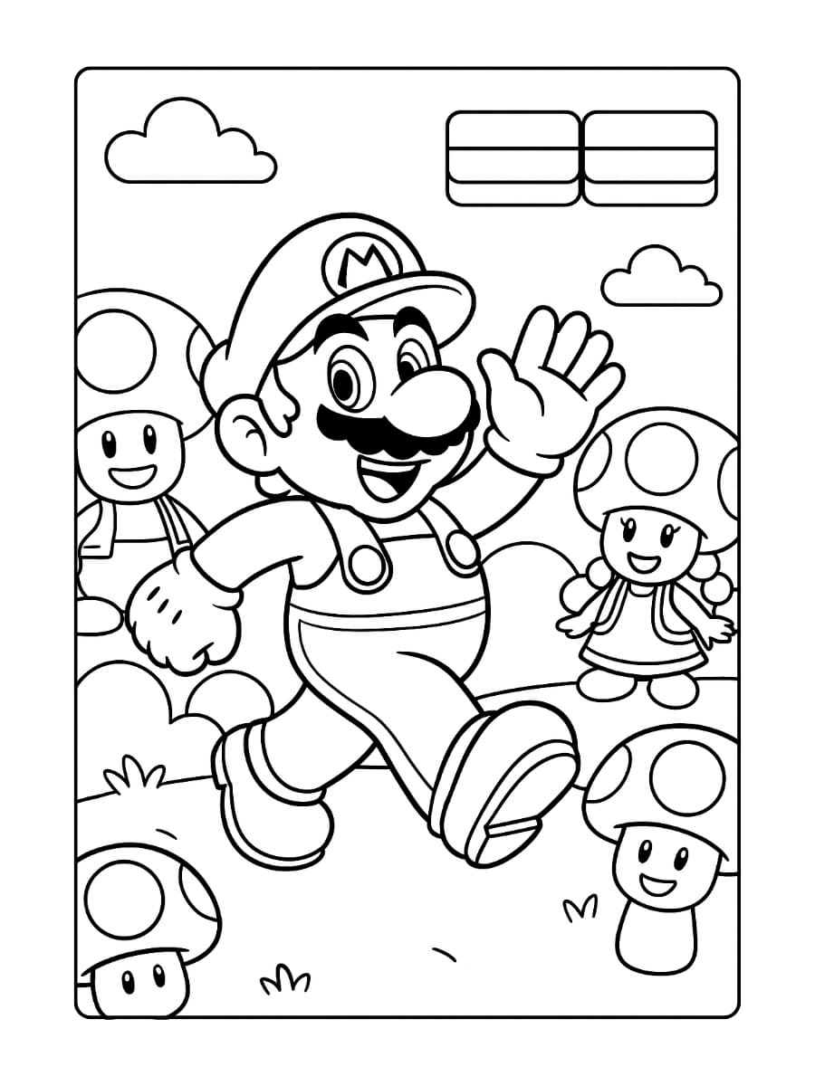 kleurplaat mario bezoekt het Paddenstoelenrijk