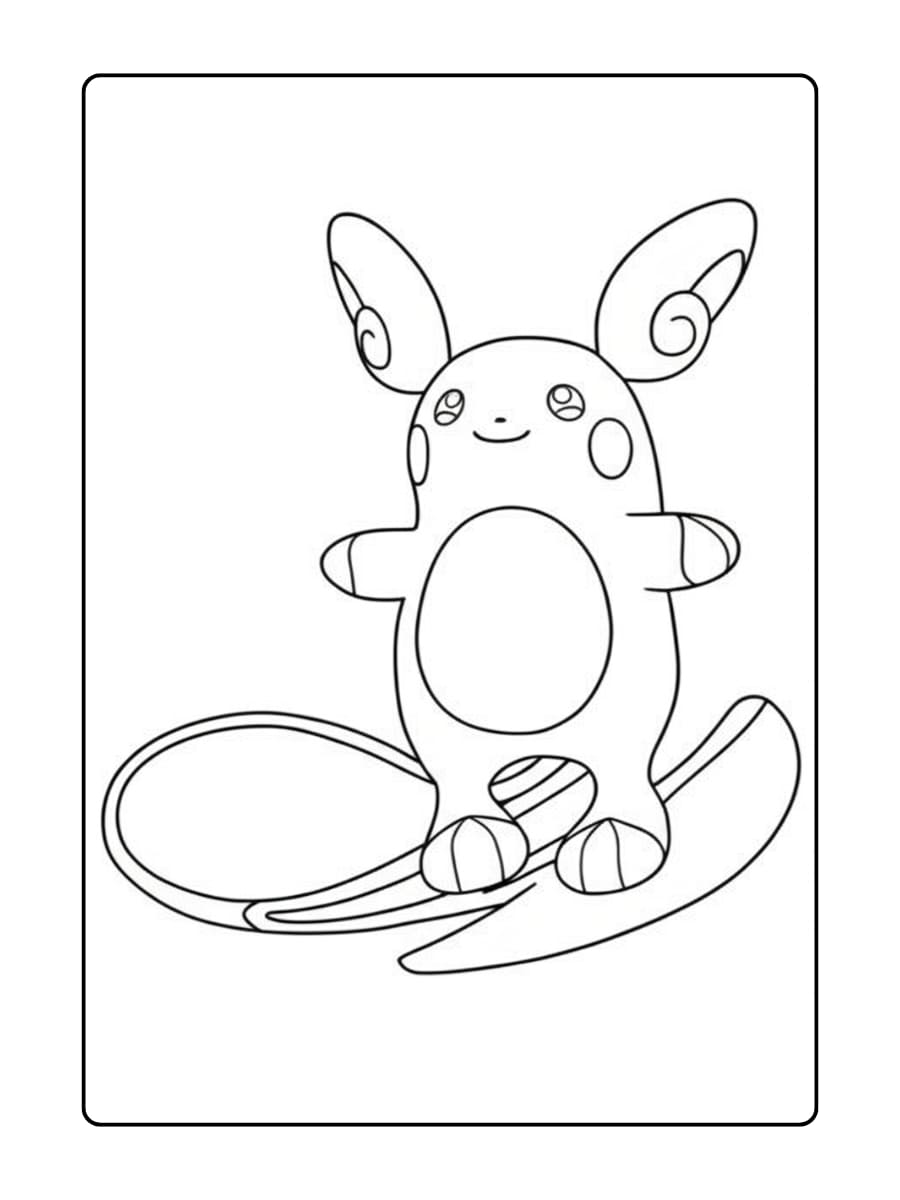 Kleurplaat Alolan Raichu is een Pokémon die op zijn staart surft met behulp van zijn psychische krachten