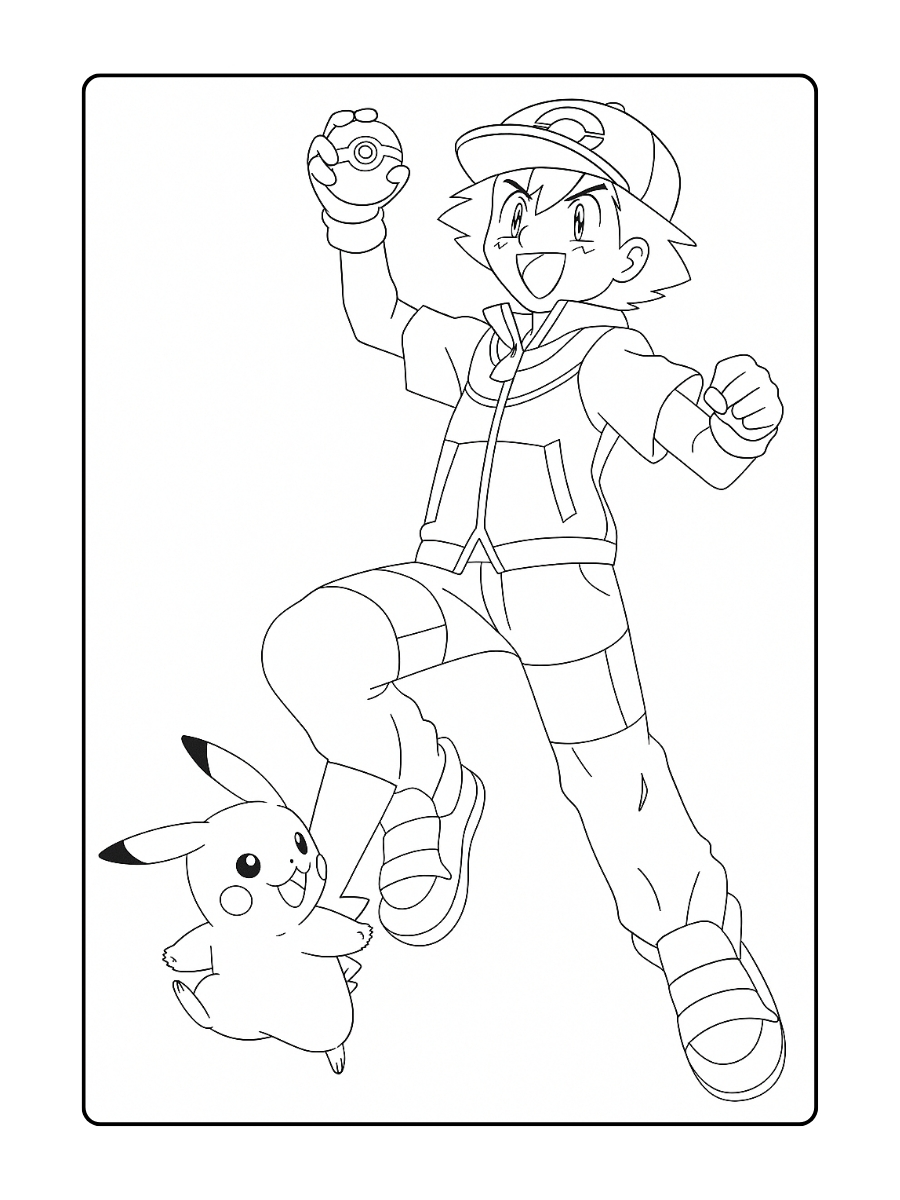 Ash en Pikachu springen blij de lucht in, klaar voor een nieuw Pokémon avontuur