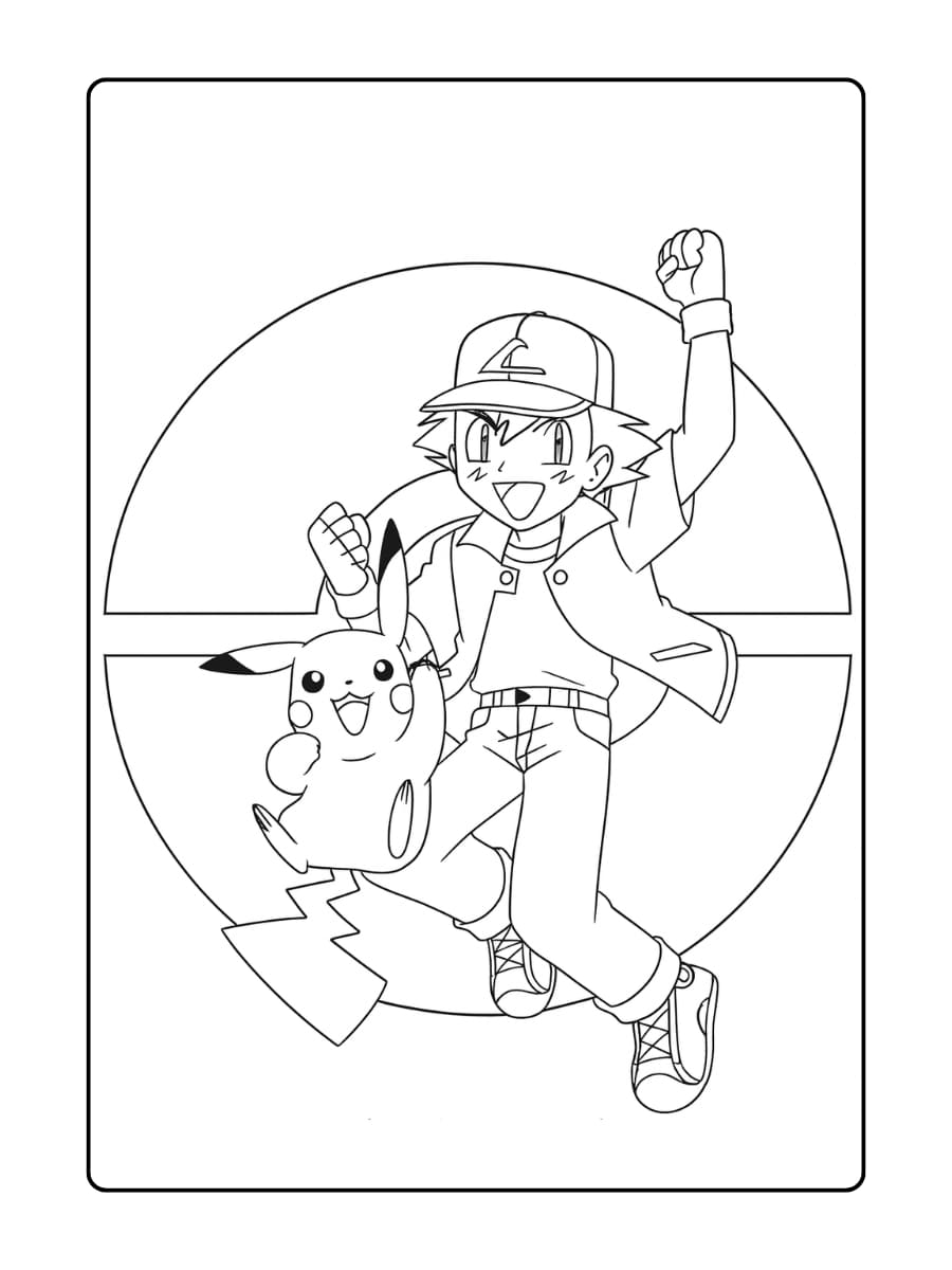Ash en Pikachu springen blij voor een groot Pokéball symbool