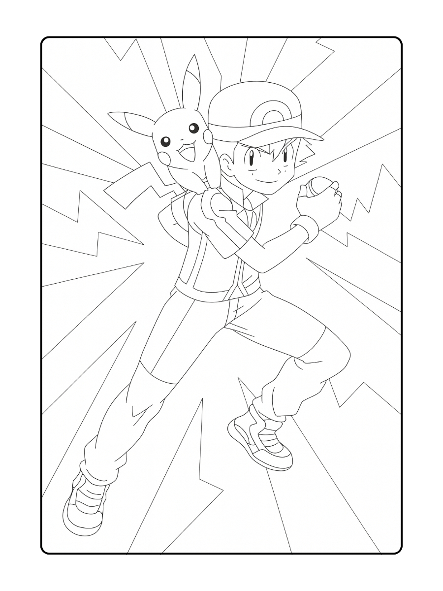 Ash en Pikachu staan klaar voor actie met bliksemflitsen op de achtergrond!
