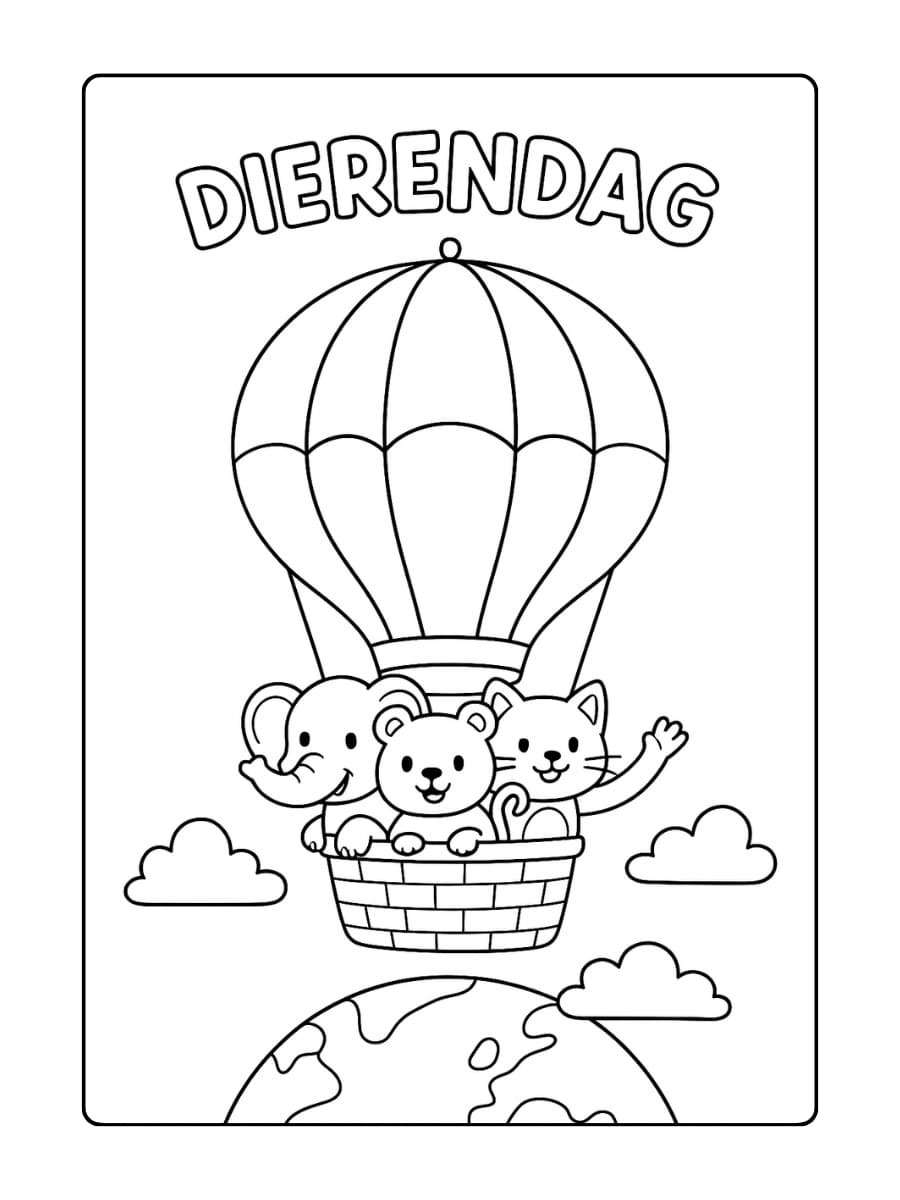 Avontuurlijke Dierendag kleurplaat van dieren die samen in een luchtballon hoog boven de wereld vliegen